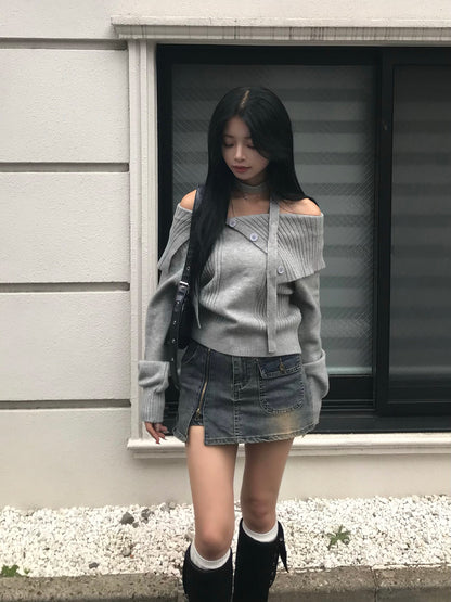 Zipper Wash Denim Mini Skirt