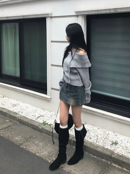 Zipper Wash Denim Mini Skirt