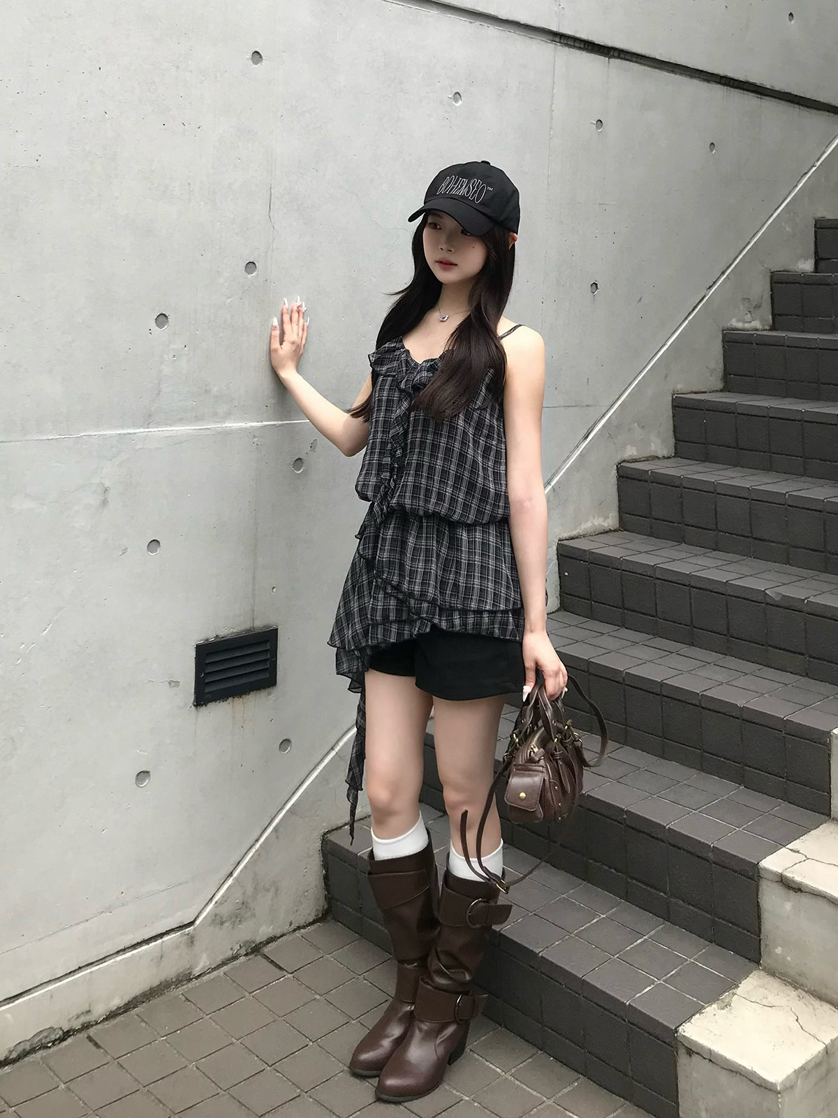 チェックフリルアシメミニワンピース