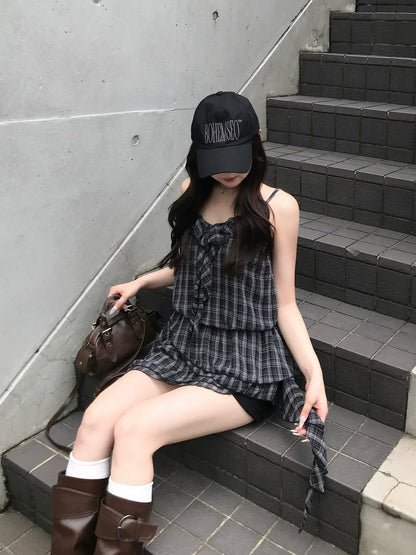 チェックフリルアシメミニワンピース