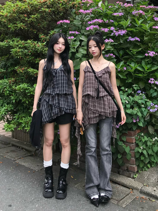 チェックフリルアシメミニワンピース