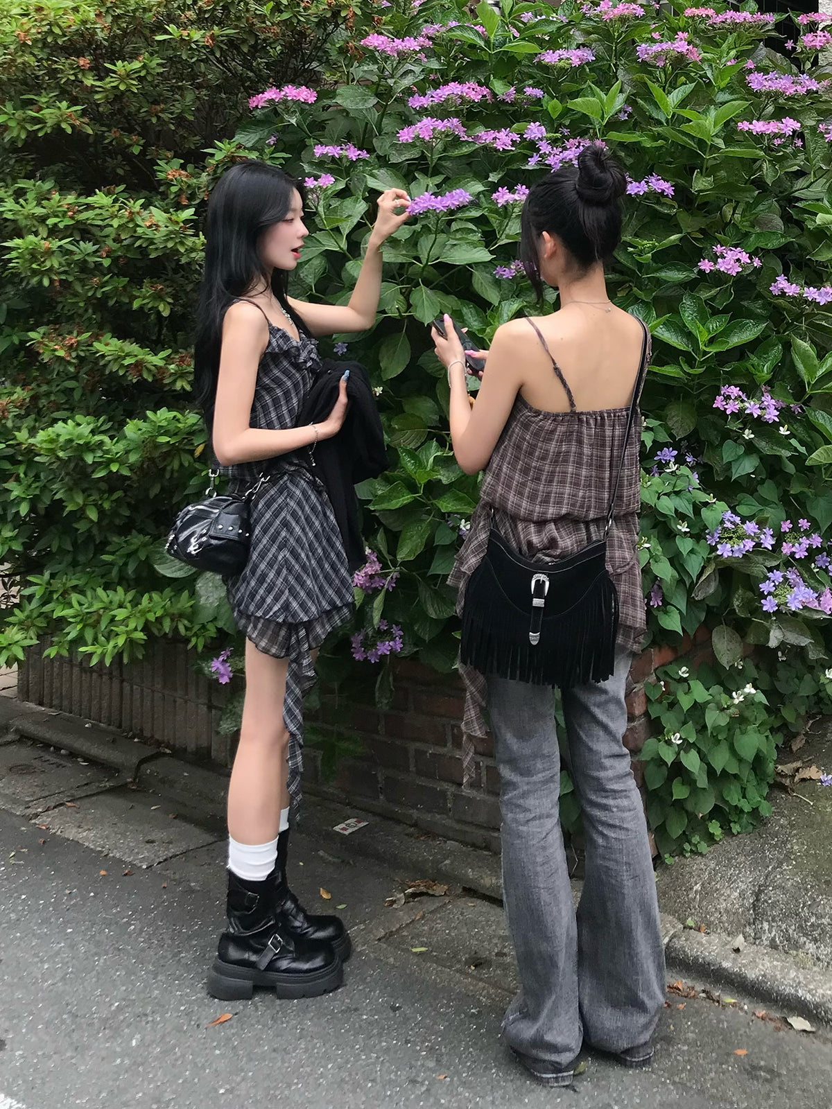 チェックフリルアシメミニワンピース
