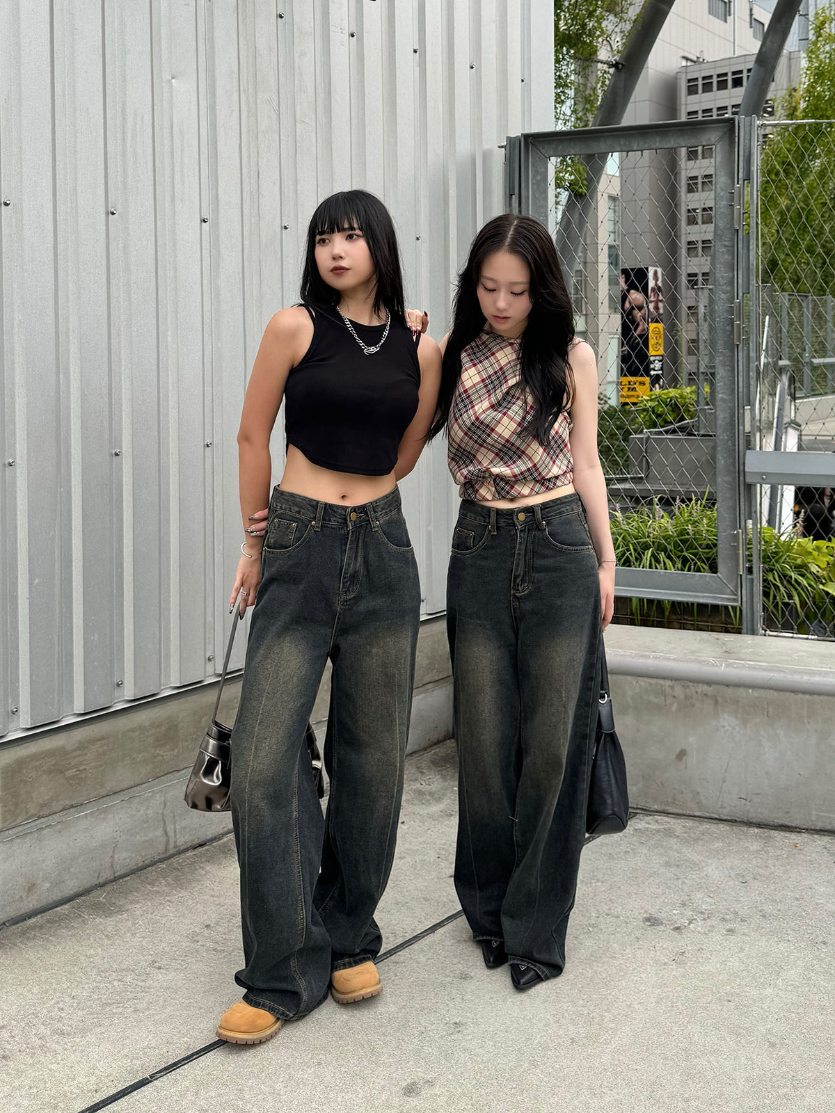 High waist washed denim pants