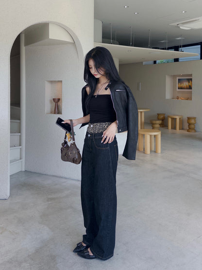 ダブルウエストレオパードデニムパンツ