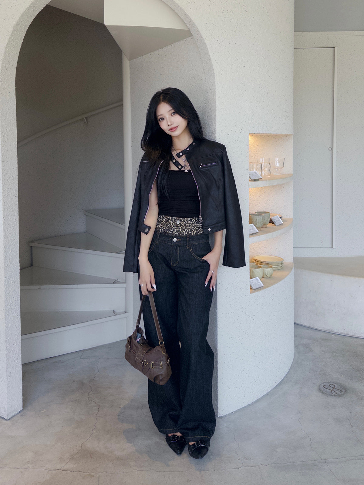 ダブルウエストレオパードデニムパンツ