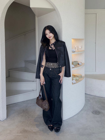 ダブルウエストレオパードデニムパンツ