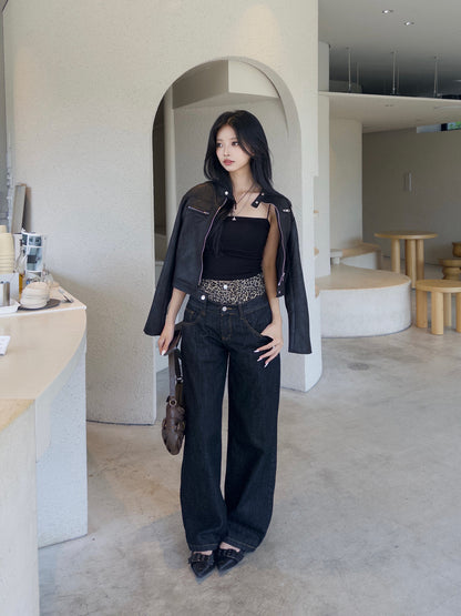 ダブルウエストレオパードデニムパンツ