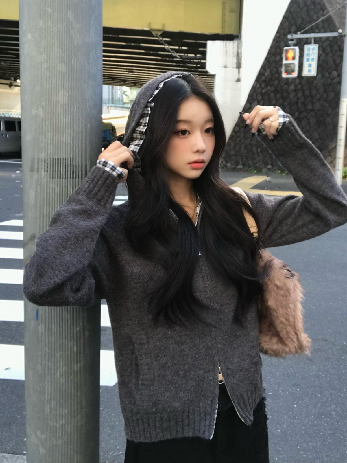 チェックフリルダブルジップニット