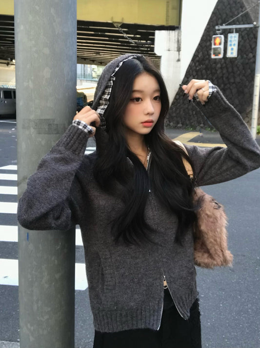 チェックフリルダブルジップニット