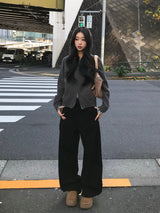 フリンジワイドブラックデニムパンツ - ブラック