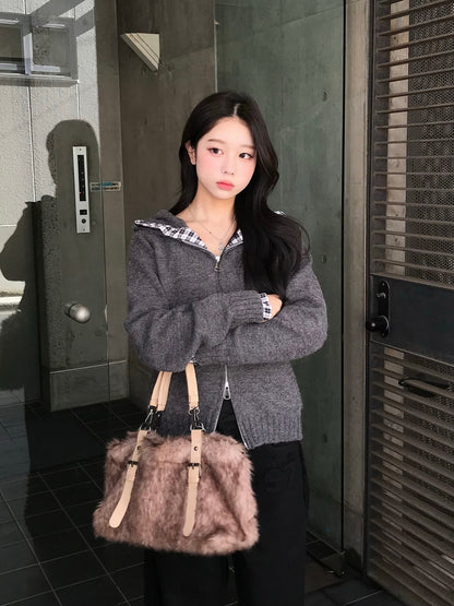 チェックフリルダブルジップニット