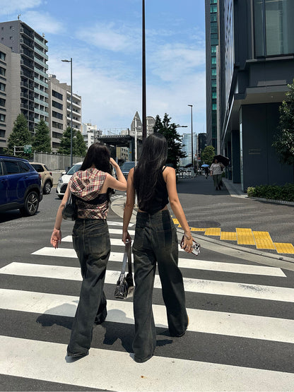 High waist washed denim pants