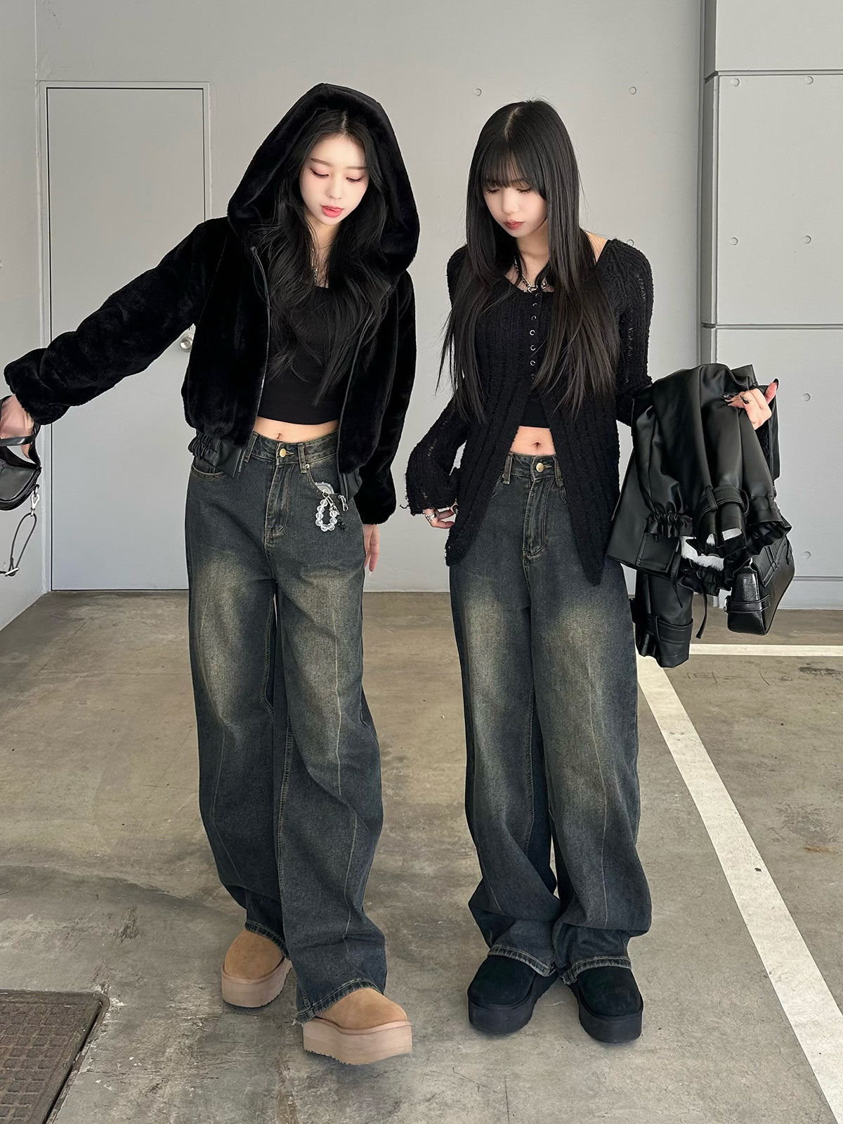 High waist washed denim pants