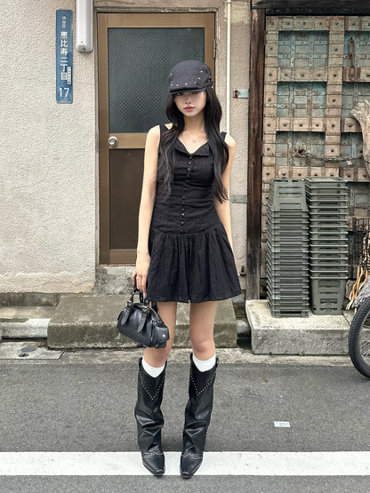 リーフステッチノースリーブミニワンピース