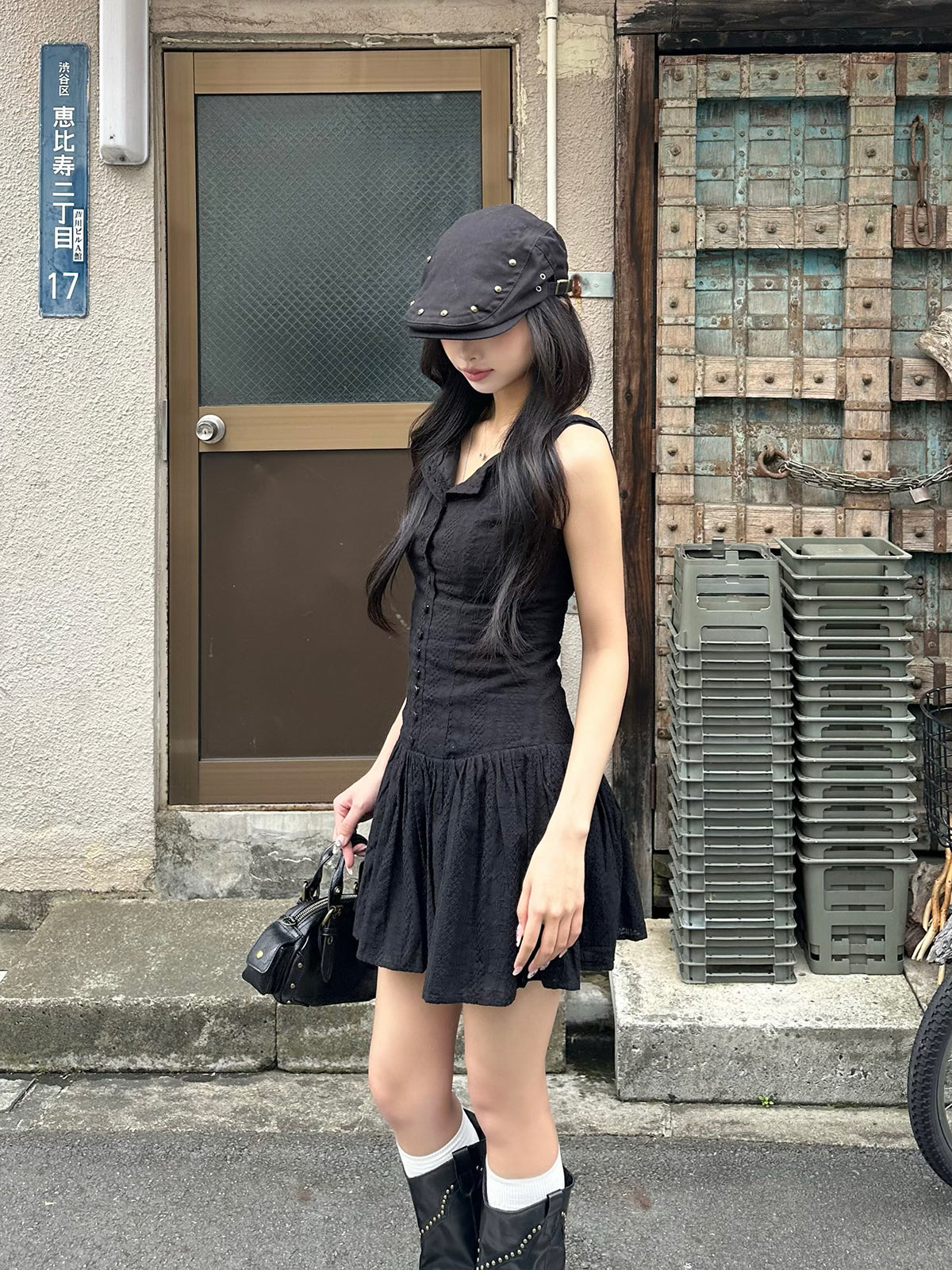 リーフステッチノースリーブミニワンピース