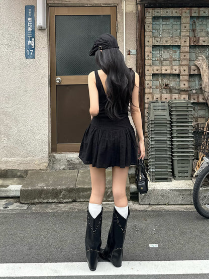 リーフステッチノースリーブミニワンピース
