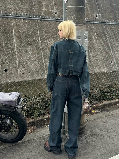 背面按鈕夾克牛仔套裝