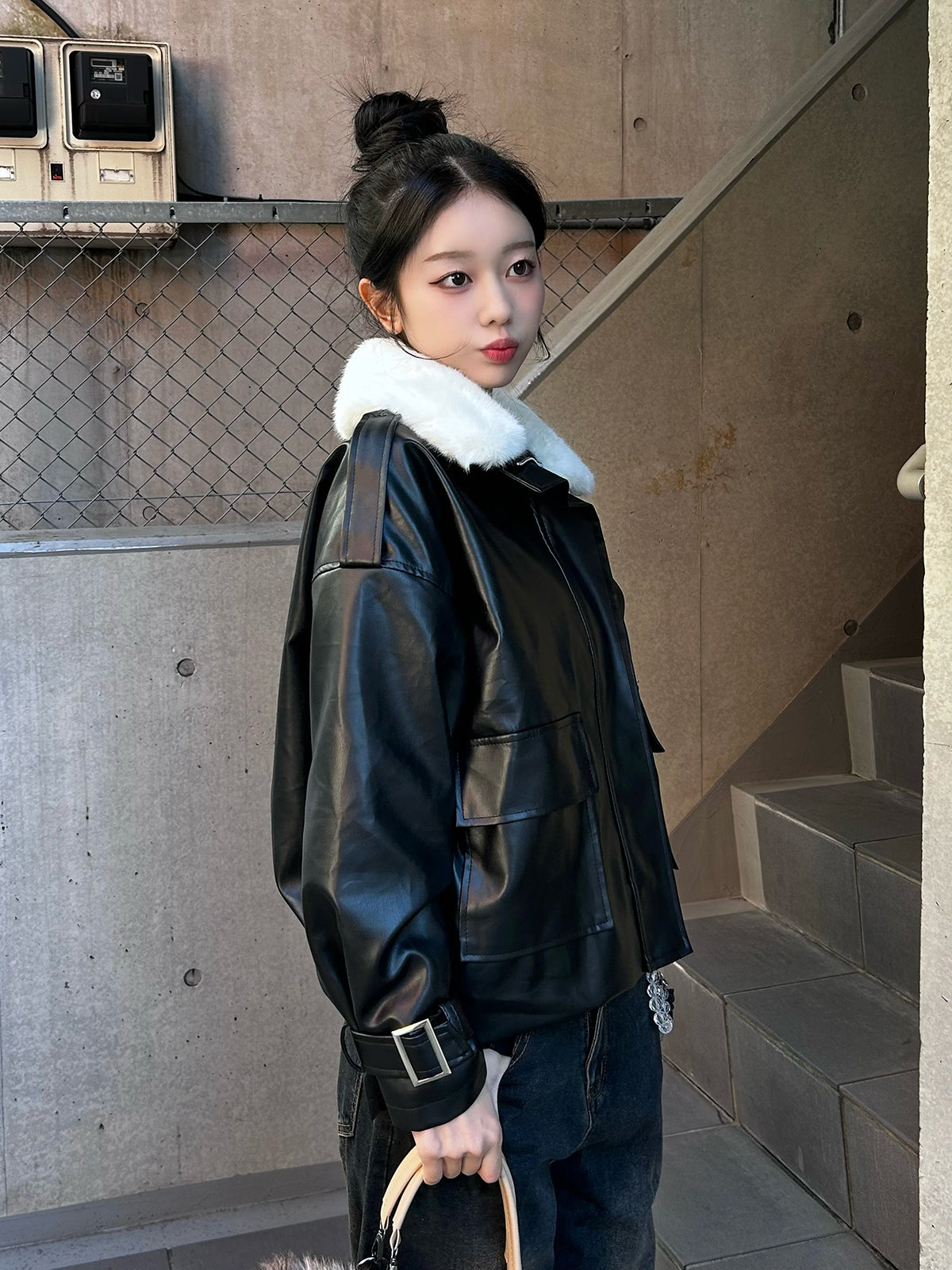 Faux Fur Color Leather Touch Jacket