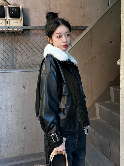 Faux Fur Color Leather Touch Jacket