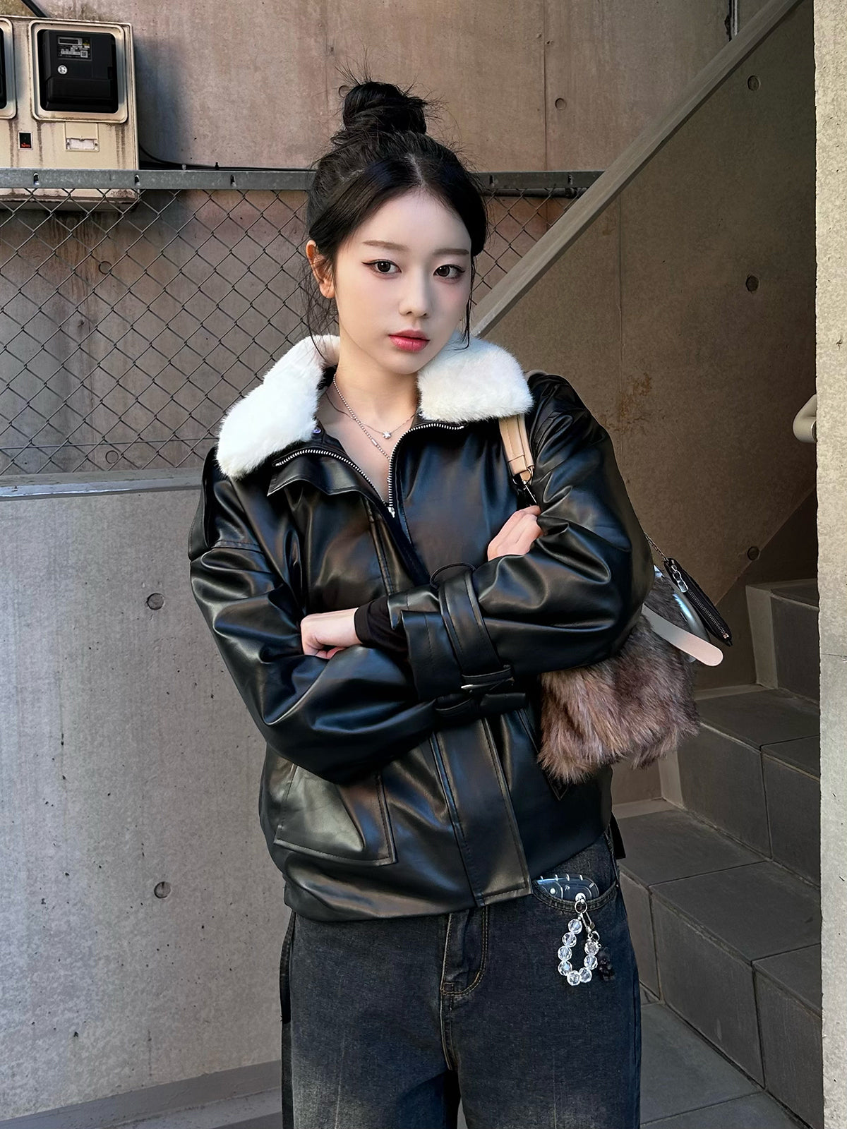 Faux Fur Color Leather Touch Jacket
