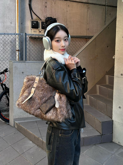Faux Fur Color Leather Touch Jacket