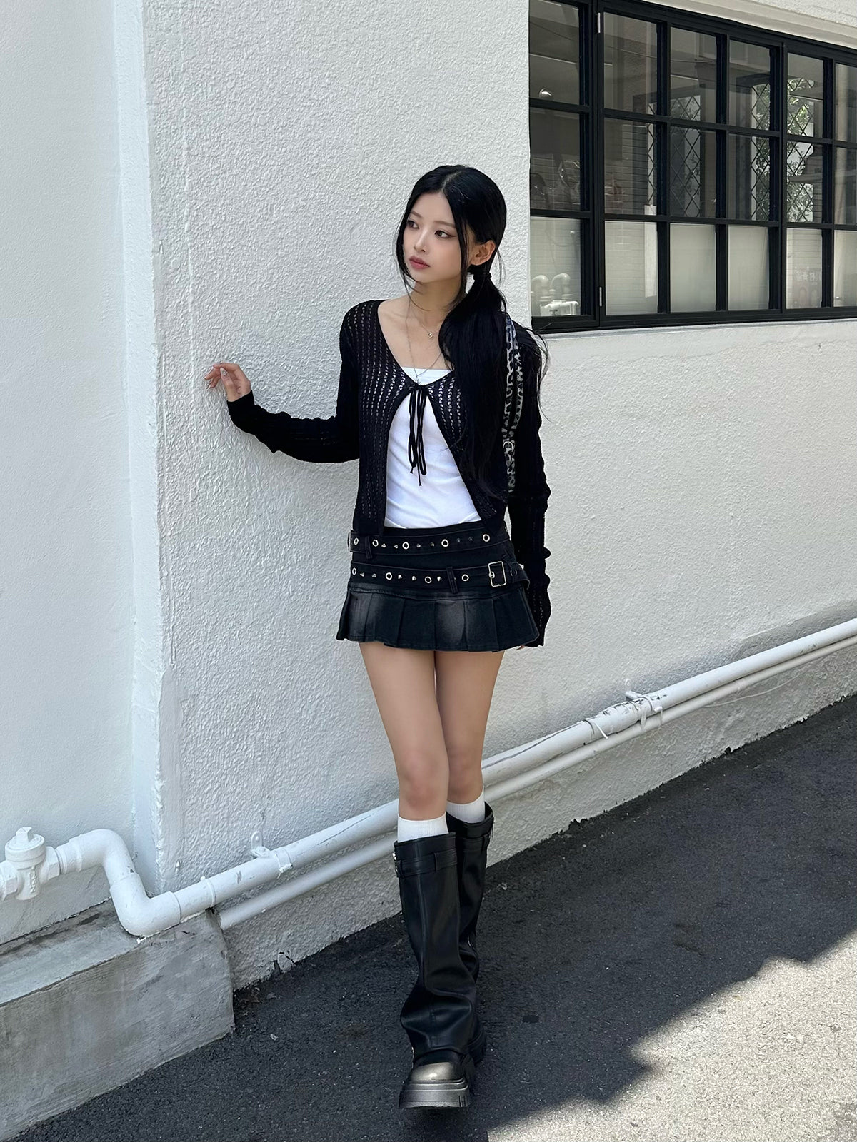 ダブルベルトプリーツデニムミニスカート