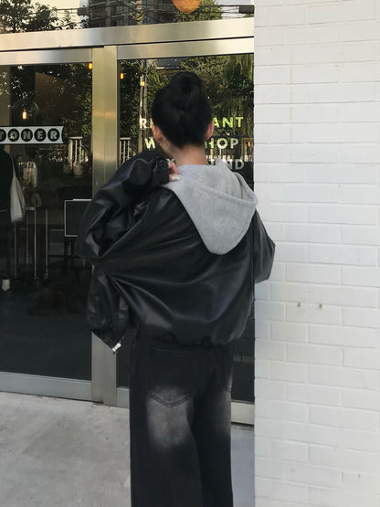 フーディーレザータッチジャケット