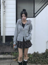 ファータッチフーディーダブルジップニット - グレー