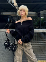 オフショルダブルジップニット - ブラック