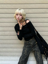 スタッズギャザーワンショルカットソー - ブラック