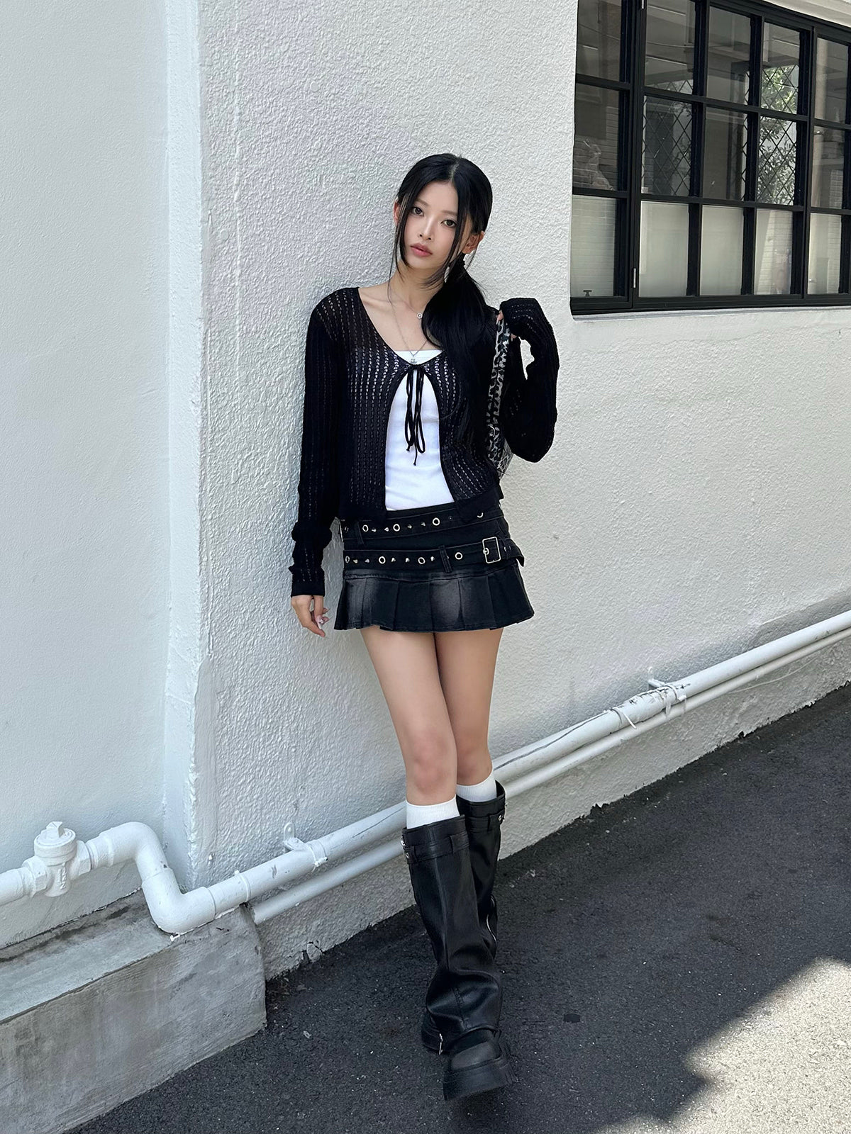ダブルベルトプリーツデニムミニスカート