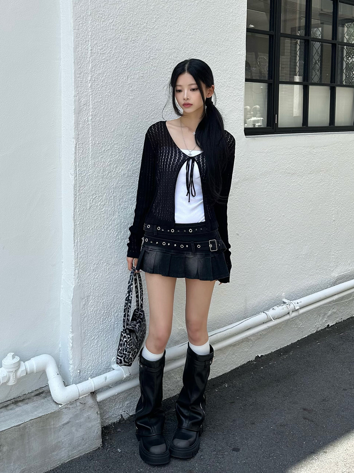 ダブルベルトプリーツデニムミニスカート