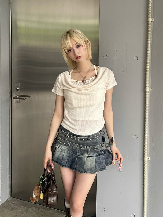 ダブルベルトプリーツデニムミニスカート