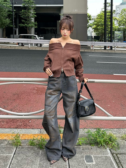 オフショルダブルジップニット