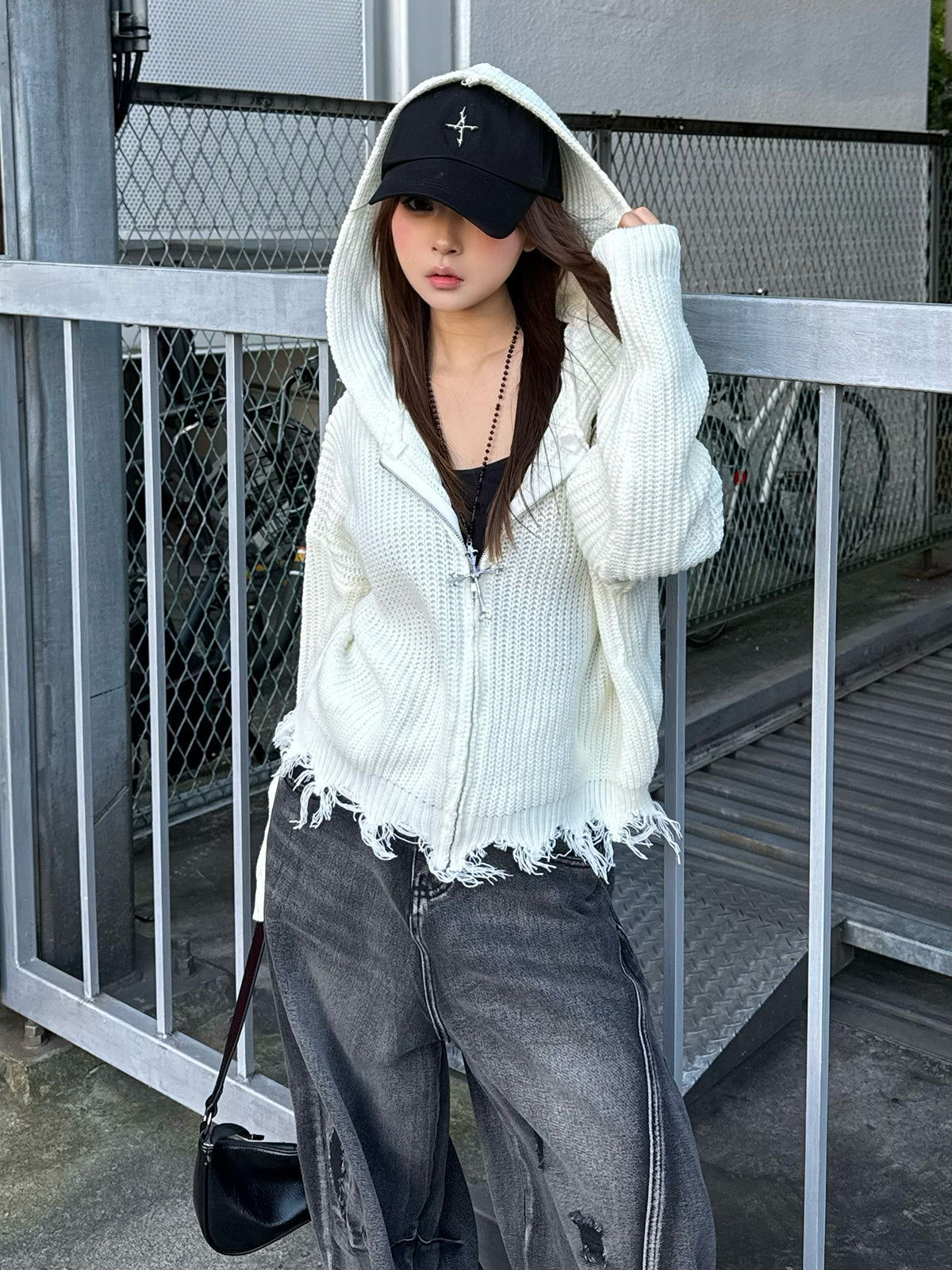 ダメージフリンジニットパーカー