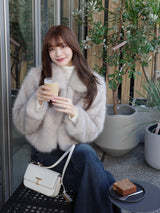 ファーライクカラーショートコート - ベージュ