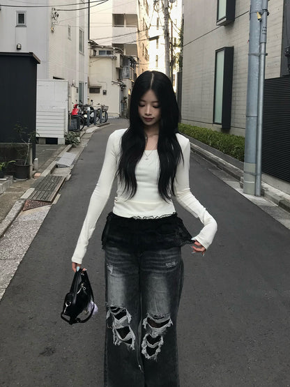 层叠蕾丝破损牛仔裤