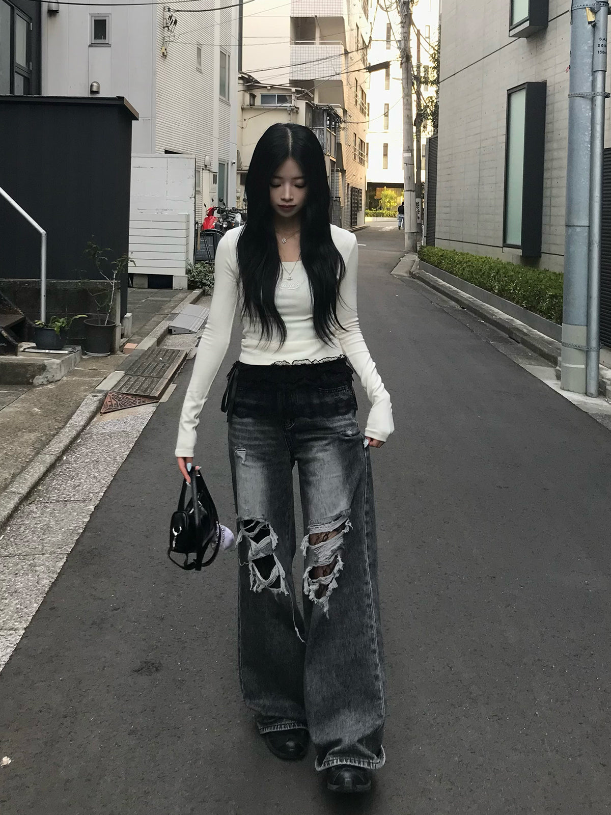 层叠蕾丝破损牛仔裤