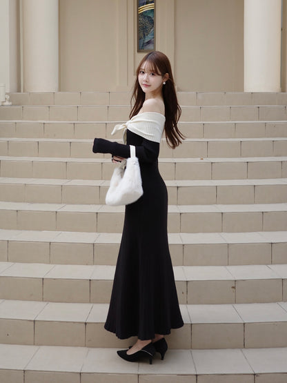 リボンオフショルリブニットワンピース