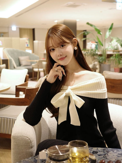 リボンオフショルリブニットワンピース