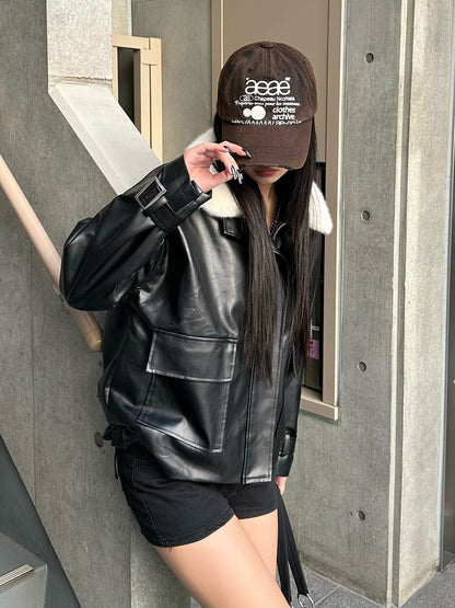 Faux Fur Color Leather Touch Jacket