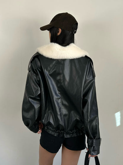 Faux Fur Color Leather Touch Jacket